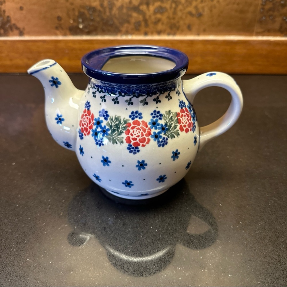 Boleslawiec Teapot Red Blue Flowers Rosie Posy Polish Pottery Vintage NO LID
